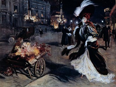 Belle Epoque: Donna con egrette in una strada parigina di notte da Felix Fournery