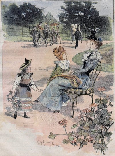 La passeggiata dei bambini al giardino di acclimatazione a Parigi nel 1892. Incisione acquerellata da Felix Fournery