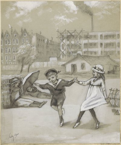 Ragazzo e ragazza danzanti in un parco cittadino o parco giochi da Felix Hess (signed by artist)