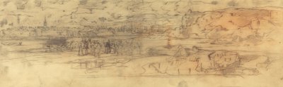 Estuario con un porto marittimo fortificato a sinistra e scogliere a destra da Felix Hilaire Buhot