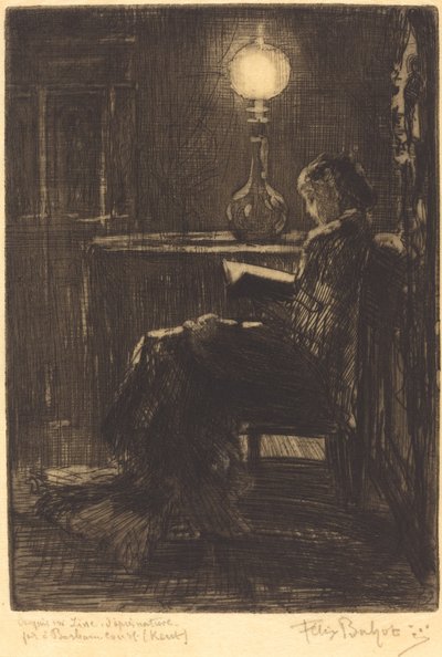 Donna che legge alla luce della lampada da Felix Hilaire Buhot