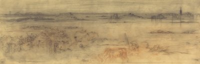 Paesaggio marino con una città fortificata a destra, isole a sinistra e un cottage in primo piano, c. 1882 da Felix Hilaire Buhot
