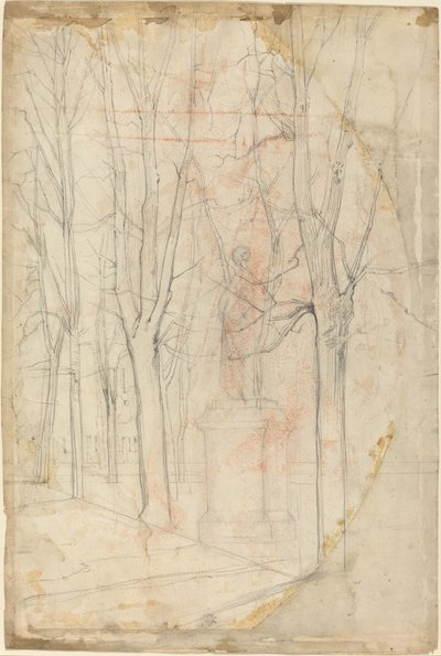 Schizzo di alberi con una statua su un piedistallo da Felix Hilaire Buhot