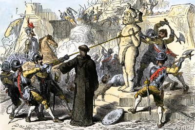 Sacerdoti spagnoli distruggono gli idoli aztechi del Messico. XIX secolo (incisione a colori) da Felix Octavius Carr Darley