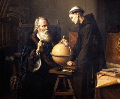 Ritratto di Galileo Galilei che spiega le sue teorie all