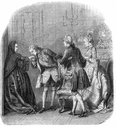 Luigi XV (1710-1774) bacia la mano della Principessa di Lamballe (Marie Therese Louise de Savoie-Carignan o Savoie Carignan) (1749-1792), alla presenza del Marchese di Richelieu e di Melle Lange (futura Contessa di Barry (Madame du Barry) nata Jeanne Be da Felix Philippoteaux