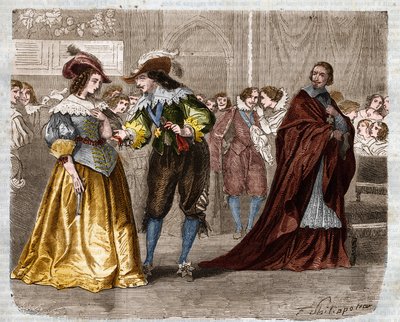 Romanzo a puntate: "I Tre Moschettieri" di Alexandre Dumas (1802-1870). Re Luigi XIII (1601-1643) consegna i due fermagli di diamanti a sua moglie, la regina Anna d