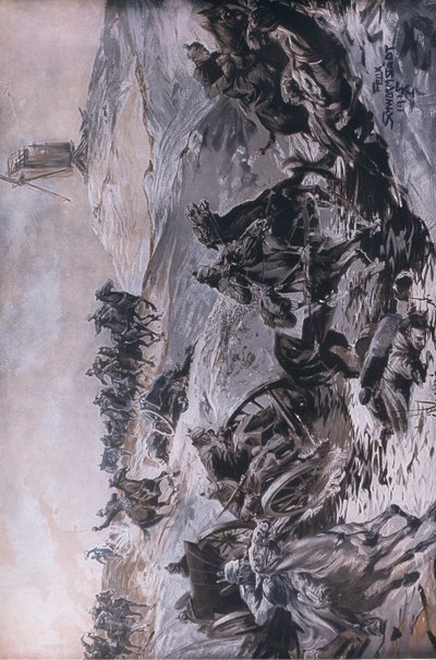 Dal fronte orientale: Artiglieria in transito sotto il fuoco nemico, illustrazione da Hindenburg pubblicato da Daterlandischer Derlag C U Weller Berlin da Felix Schwormstadt