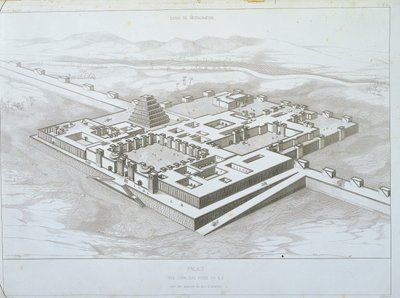 Palazzo di Khorsabad, vista storica da sud-est con parte delle mura fortificate, illustrazione da 