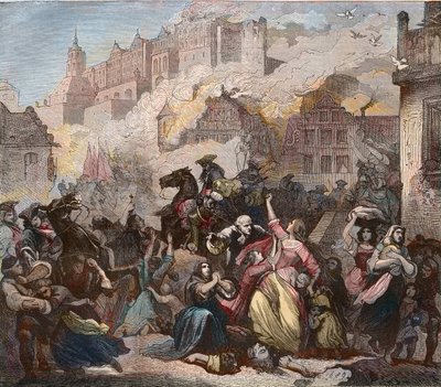 Distruzione di Heidelberg da parte dei francesi sotto il generale Ezechiel Melac, 2 marzo 1689 - Incendio del castello di Heidelberg - Guerra dei Nove Anni da Feodor (after) Dietz