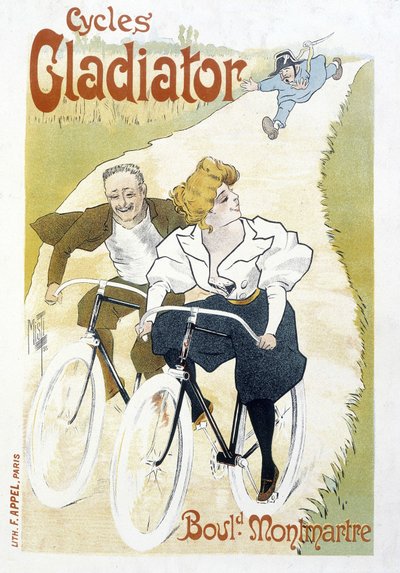 Coppia in bicicletta inseguita da un poliziotto - Pubblicità per Cicli Gladiator, di Misti, ca. 1895 da Ferdinand  Misti Mifliez