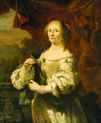 Ritratto di una signora, in piedi a tre quarti di lunghezza, che indossa un abito di raso bianco drappeggiato con uno scialle verde davanti a una tenda rossa su un balcone, un paesaggio oltre da Ferdinand Bol