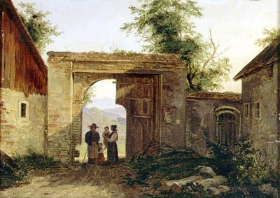 Un cortile con contadini a un cancello da Ferdinand Georg Waldmuller