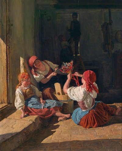 Bambini che decorano il cappello di un coscritto, 1854 da Ferdinand Georg Waldmuller