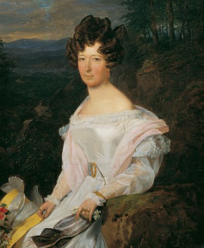 Dama in abito bianco davanti a un paesaggio del Wienerwald da Ferdinand Georg Waldmuller
