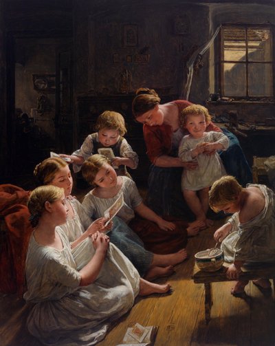 Bambini al mattino che guardano immagini da Ferdinand Georg Waldmuller