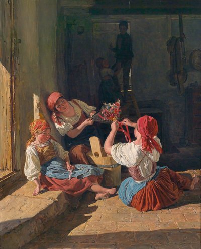 Bambini che decorano il cappello di un coscritto da Ferdinand Georg Waldmuller
