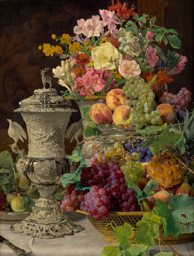 Natura morta con frutta, fiori e coppa d