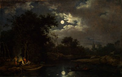 Paesaggio al chiaro di luna con pescatori attorno a un falò da Ferdinand Kobell