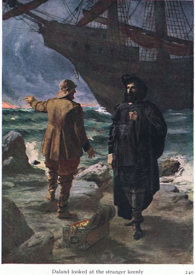 Daland guardò lo straniero attentamente, illustrazione da The Stories of Wagners Operas da Ferdinand Lecke