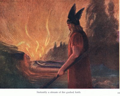 Immediatamente, un getto di fuoco sgorgò, illustrazione da Le storie delle opere di Wagner pub. da George Harrap & Co Ltd 1932 da Ferdinand Lecke