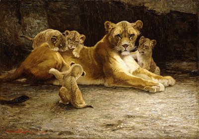 Una leonessa con i suoi cuccioli da Ferdinand Schebek