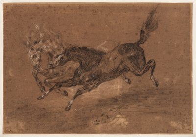 Cavalli che corrono (recto); Uomo barbuto nudo, seduto (verso), c.1800-1899 da Ferdinand Victor Eugene (follower of) Delacroix