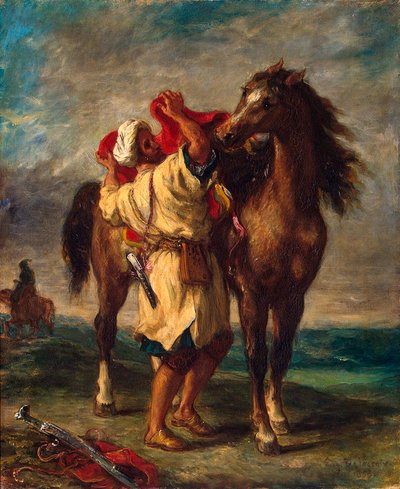 Un marocchino che sella il suo cavallo, 1855 da Ferdinand Victor Eugene Delacroix