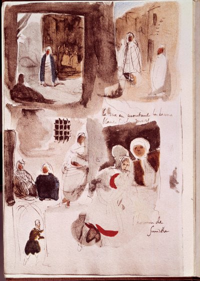 Album dal Nord Africa e Spagna: Strade, muri e negozi con personaggi in piedi o seduti, incluso l