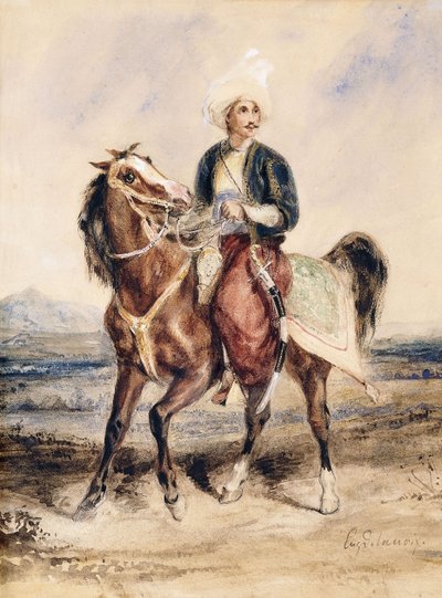 Un guerriero arabo a cavallo in un paesaggio da Ferdinand Victor Eugene Delacroix