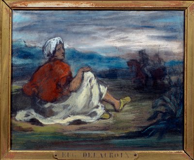 Un arabo seduto in campagna sul bordo di una strada da Ferdinand Victor Eugene Delacroix