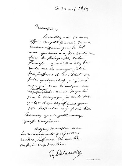 Lettera firmata da Eugene Delacroix, artista romantico francese, 1863 da Ferdinand Victor Eugene Delacroix