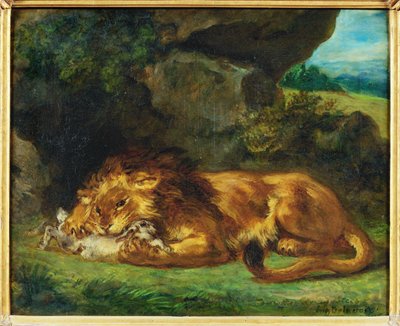 Leone che divora un coniglio - un leone che divora una lepre ... da Ferdinand Victor Eugene Delacroix