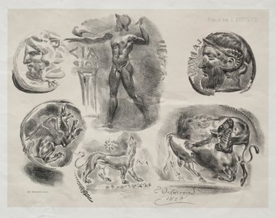 Foglio con sei medaglie antiche, 1825 da Ferdinand Victor Eugene Delacroix