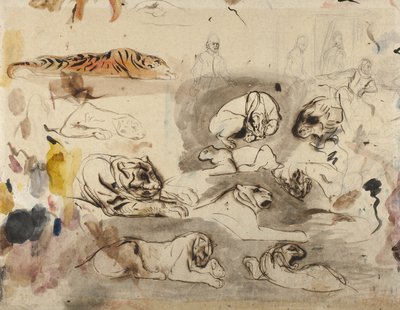 Schizzi di tigri e uomini in costume del XVI secolo, 1828-29 da Ferdinand Victor Eugene Delacroix