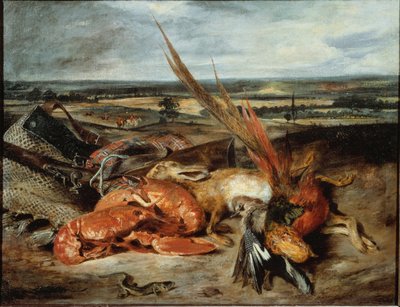 Natura morta con aragosta e trofei di caccia e pesca da Ferdinand Victor Eugene Delacroix