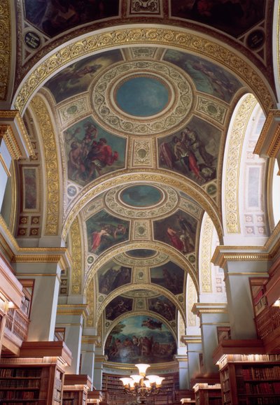 Vista del soffitto a cassettoni della Biblioteca con cornice in stucco dorato che circonda pennacchi che illustrano scene bibliche e classiche, 1844 da Ferdinand Victor Eugene Delacroix