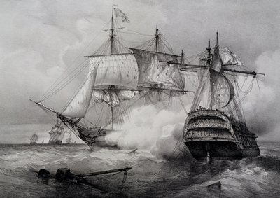 Battaglia tra nave americana da 74 cannoni e fregata britannica, litografia di Ferdinand Perrot da Ferdinand Victor Perrot