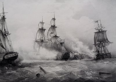 Combattimento tra navi a vela britanniche e americane di terza classe con 74 cannoni, litografia di Ferdinand Perrot da Ferdinand Victor Perrot