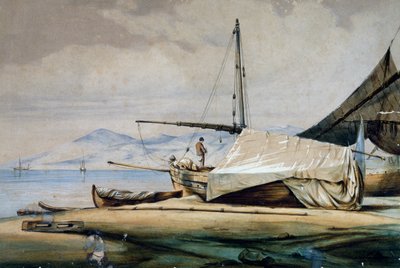 Leudi, barca da pesca ligure, litografia a colori di Ferdinand Perrot da Ferdinand Victor Perrot