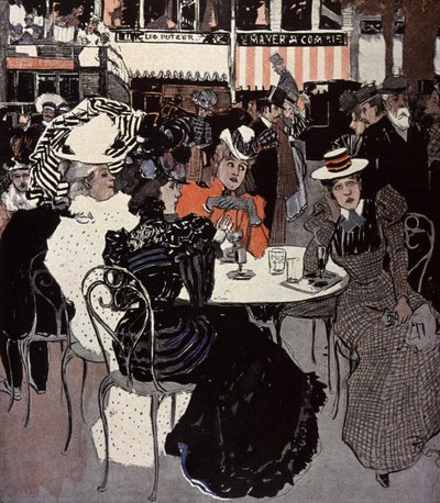 Donna che parla a un tavolo fuori da un caffè (Illustrazione di Von Reznicek in: Simplicissimus, Germania) da Ferdinand von Reznicek