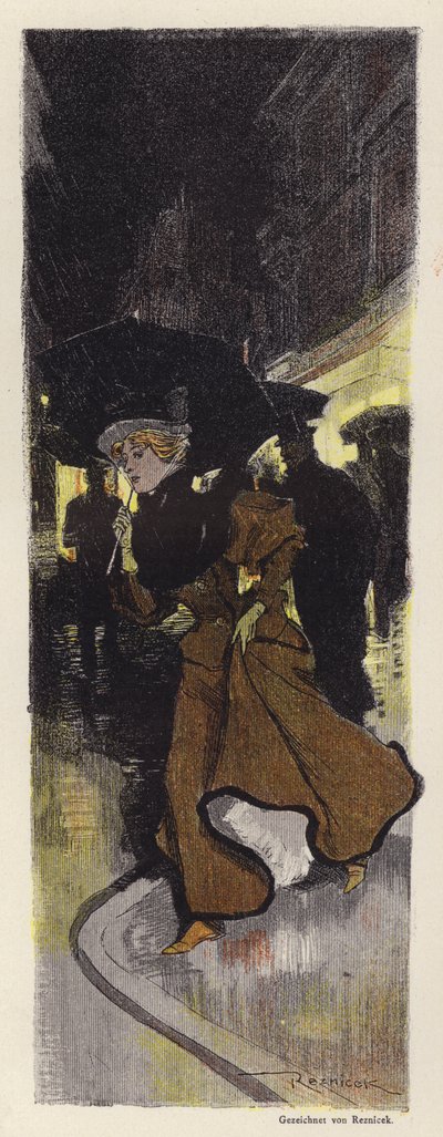 Donna che cammina su una strada piovosa di notte da Ferdinand von Reznicek