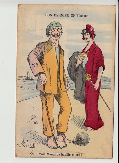 Cartolina, satirica a colori: La sua ultima uniforme - Guerra del 14-18 - Marianne, Guglielmo II Illustrazione di Gottlob (1873-1935) da Fernand Louis Gottlob