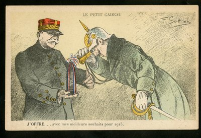 Cartolina, Satirique en Couleurs, ca. 1914_12: Un piccolo dono che offro con i miei migliori auguri per il 1915 - Guerra del 14-18, Cannoni, proiettili - Guglielmo II, Joffre Illustrazione di Gottlob (1873-1935) da Fernand Louis Gottlob