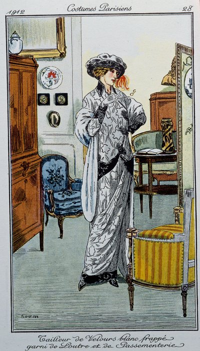Costumi parigini: velluto bianco a righe con pelliccia di lontra e guarnizioni (disegnato da Fernand Simeon) da Fernand Siméon