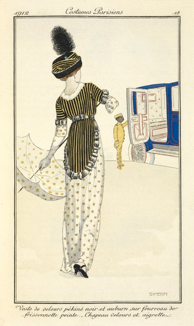 Veste di velluto pekiné nero e auburn su fodero di frissonnette dipinta. Cappello di velluto e aigrette da Fernand Siméon