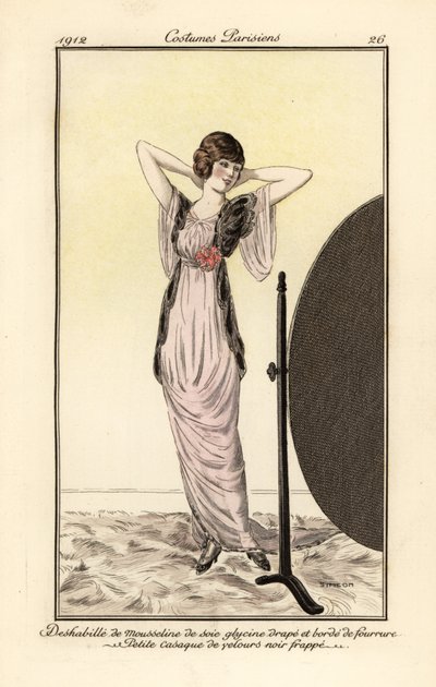 Donna in abito di seta muslin lilla con gilet di velluto nero che si guarda allo specchio da Fernand Siméon