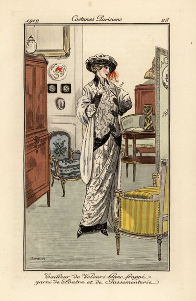 Donna in abito di velluto bianco decorato con pelliccia di lontra da Fernand Siméon