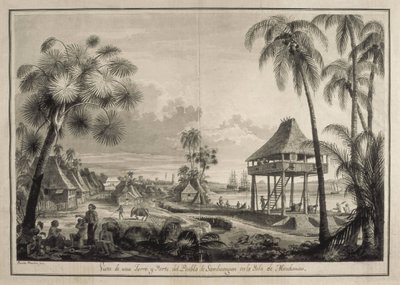 MALASPINA, Alejandro (1754-1809). Navigatore ed esploratore italo-spagnolo.; BRAMBILA, Fernando (1763-1834). Pittore. Spedizione Malaspina. Filippine (1792). Villaggio di Zamboanga. Disegno di Fernando Brambila. Disegno. SPAGNA. MADRID. da Fernando Brambila