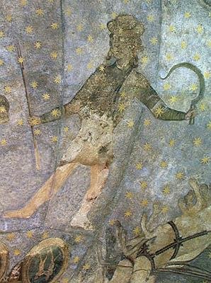 Un uomo con una falce e una lancia, (dettaglio) dal Cielo di Salamanca da Fernando Gallego